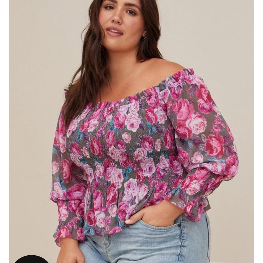 COPY - 5/$25. Smocked waist off shoulder crop top.